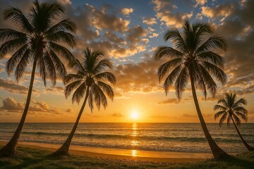 Serene Sunset Over Tropical Beach with Silhouetted Palm Trees
