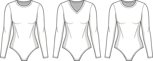 Women long sleeve bodysuit flat fashion sketch, V neck and crew neck vector illustration template © Creative Rejia