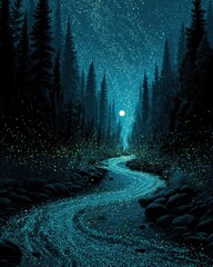 Ethereal Blue River Winding Through Dark Pines Under a Magical Moon and Starry Night.