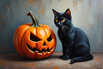 Illustration  Of Classic fine art oil painting of Halloween pumpkin and black cat in dramatic impasto texture style