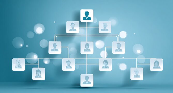 Conceptual Organizational Chart Showing Corporate Hierarchy and Team Structure with Connected User Avatars on a Light Blue Bokeh Background.