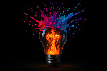 Light bulb filled with fire and flames, exploding with colorful paint splatters, illustrating explosive creativity, energy, and brilliant ideas