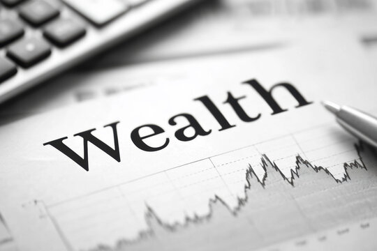 The word "Wealth" printed on a financial newspaper or report over a fluctuating stock chart, with a pen and calculator nearby.