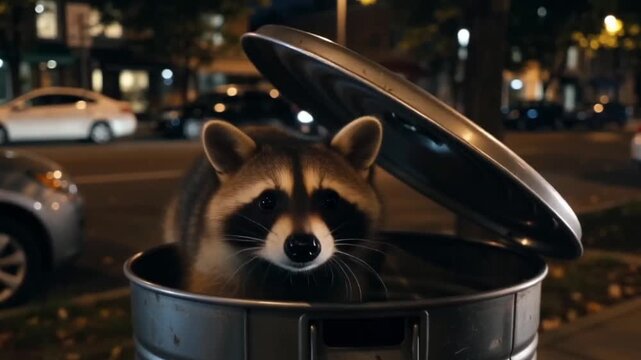 Raccoon Opening Trash Can at Night