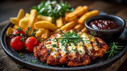Australian chicken parmigiana fries pub food concept rustic wooden table