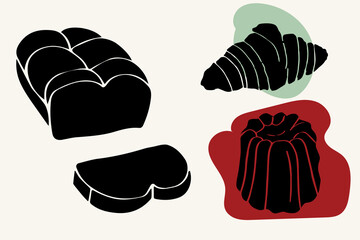 Minimalist vector set of bakery desserts including croissant, bread, canelé, and pastries. Perfect for cafe branding, poster design, packaging, or modern bakery illustration. Simple clean style for co