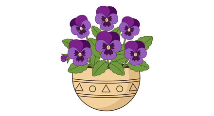 A charming illustration of purple pansies blooming in a decorative pot