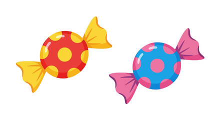 Colorful wrapped candies with polka dots and twisted wrappers presented