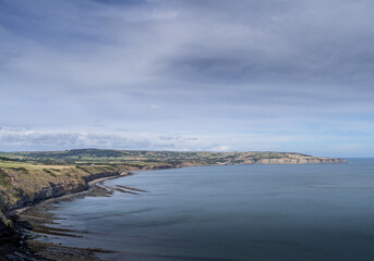 Clifftop view of Robin Hood's Bay from the clifftop at Ravenscar on the North Yorkshire Coastline