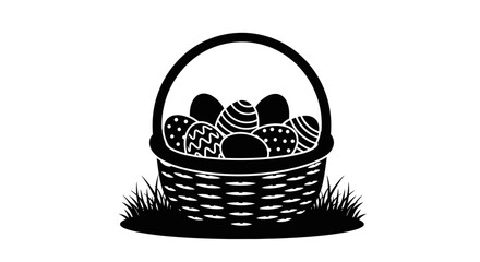 A black and white illustration of a woven basket filled with easter eggs