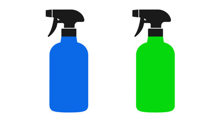 Two spray bottles one blue and one green isolated on white background