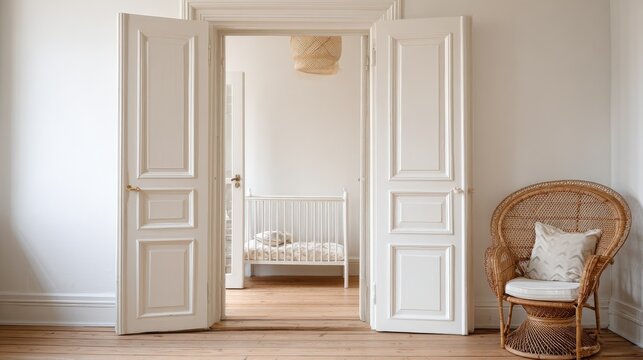 white open double door in elegant apartment with nursery designed with white crib and wicker peacock chair real photo with copy space no logos no brands ar 169