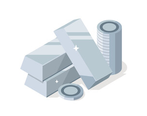 Silver coins and silver bars,flat design icon vector illustration