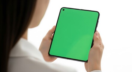 A woman holding a modern tablet or large smartphone with a green screen for content insertion.