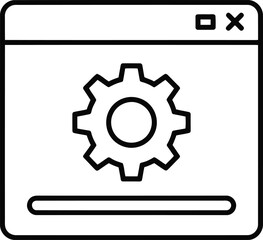 Simple line art icon of a computer window with a gear for settings