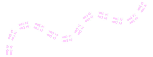 Pink silhouette graphic with curved path of animal paw prints, representing the walking tracks of a bunny, rabbit © Anastasiia