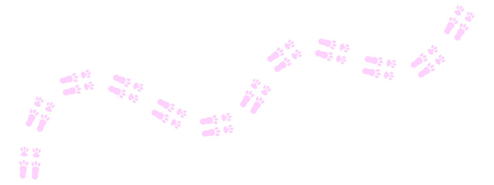 Pink silhouette graphic with curved path of animal paw prints, representing the walking tracks of a bunny, rabbit