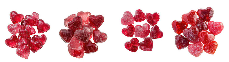 A collection of small, translucent heartshaped candies in various shades of red, isolated on transparent background