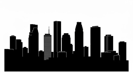 Naklejka premium A black and white cityscape silhouette featuring various tall buildings and skyscrapers on a white background created with generative ai