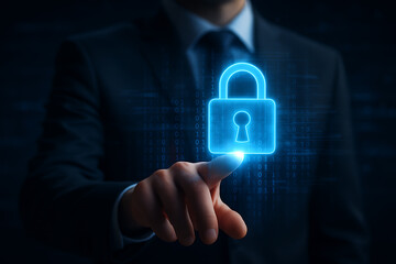 The fingertip of a businessman touches a massive, glowing blue padlock icon over a background of binary code, symbolizing cybersecurity.