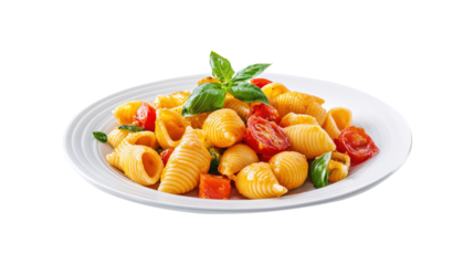 Conchiglie pasta with tomatoes and basil isolated on a transparent background