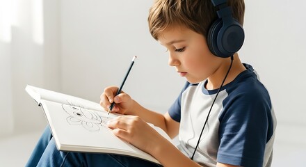Boy with headphones drawing in a notebook isolated on white background