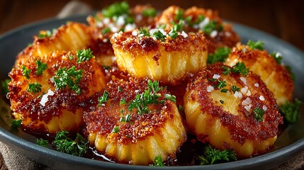 Australian potato scallops crispy golden crust snack food concept close up