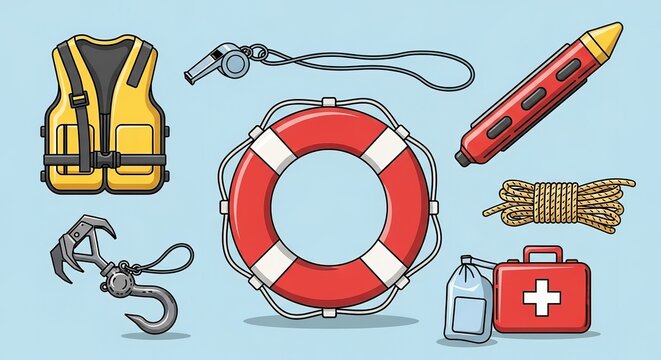Essential safety gear including life vest, lifebuoy, whistle, first aid kit, and rescue equipment for water emergencies