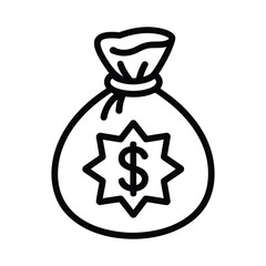 Hand drawn outline of a money bag with a dollar sign inside a starburst