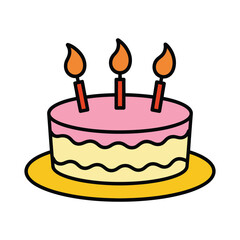 Simple cartoon illustration of a three tiered birthday cake with lit candles
