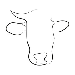 Cow head one line drawing single, minimalism farm animal, on a white background, giving it a modern, elegant, and organic feel, perfect for dairy products, milk brands, or eco-friendly packaging.