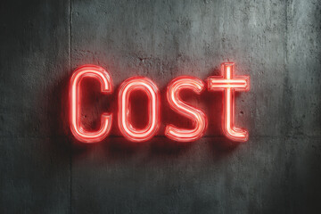 Glowing red neon sign displaying the word cost on a gray concrete wall, symbolizing financial expenses, modern economy, and business concepts.