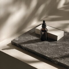 Chiaroscuro Still Life of a Serum Bottle on a Marble Slab with Botanical Shadows.
