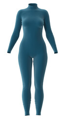 Teal-colored bodysuit with long sleeves and a turtleneck collar on a white background