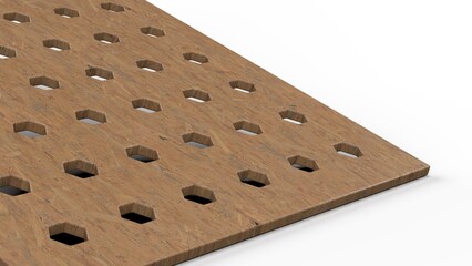 Dark Brown Wooden Board. Hole Pattern. Isolated. White background. 3D render