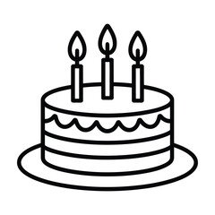 Simple line art birthday cake with three lit candles on a plate
