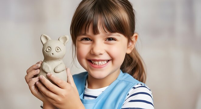 Happy little girl showing her handmade clay animal figurine with a smile