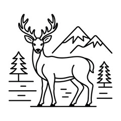 Majestic stag standing in a mountainous forest landscape line art
