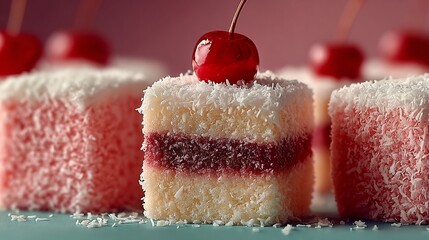 Australian lamington cake squares coconut coating minimalist dessert background