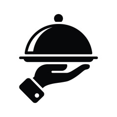 Hand holding serving tray with cloche lid icon for food service and hospitality