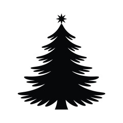 Black silhouette of a christmas tree with a star on top on a white background