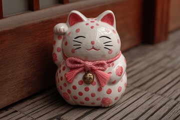 white lucky cat with pink polka dots