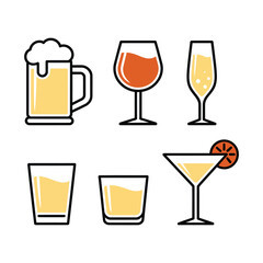 Collection of six different alcoholic and non alcoholic beverage glasses