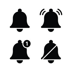 Set of four black notification bell icons with different states