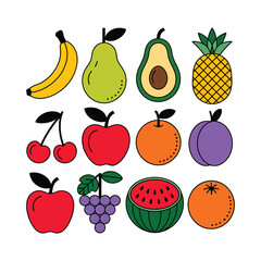 Collection of colorful hand drawn fruits on a white background