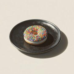 Vibrant Rainbow Sprinkled Donut on Dark Plate with Dramatic Shadow.
