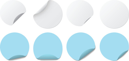 Circle Adhesive Stickers and Labels Vector Set, Realistic Peeling Corner Mockup Collection