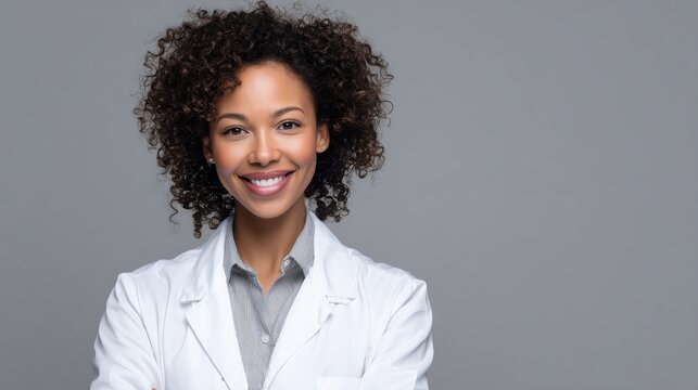 medicine profession and healthcare concept  smiling african american female doctor or scientist in white coat over grey background no logos no brands ar 169