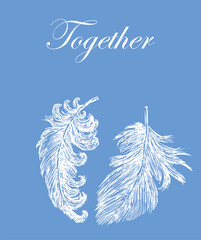 Two white birds feathers, greeting card, love, tenderness, vector, lettering together