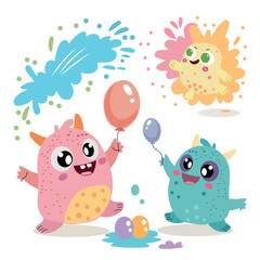 Happy cute monsters playing with balloons and paint splashes Illustration